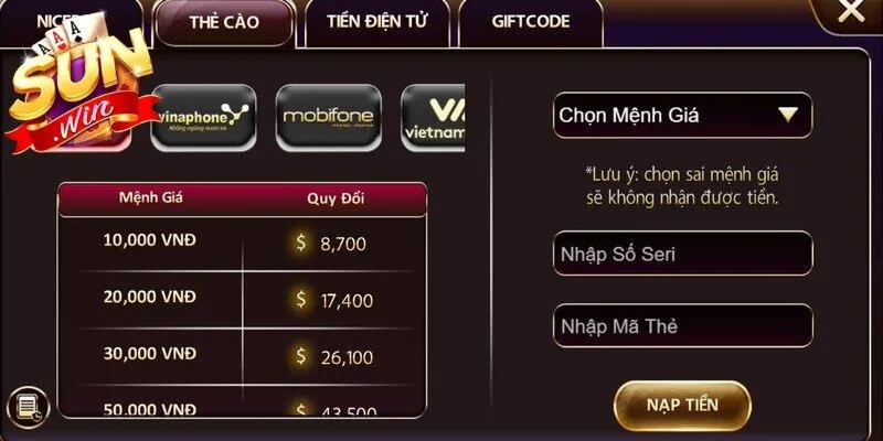 Việc thực hiện nạp tiền Sunwin bằng thẻ cào diễn ra vô cùng đơn giản