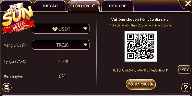 Giao diện nạp tiền Sunwin trên thiết bị di động rất thân thiện